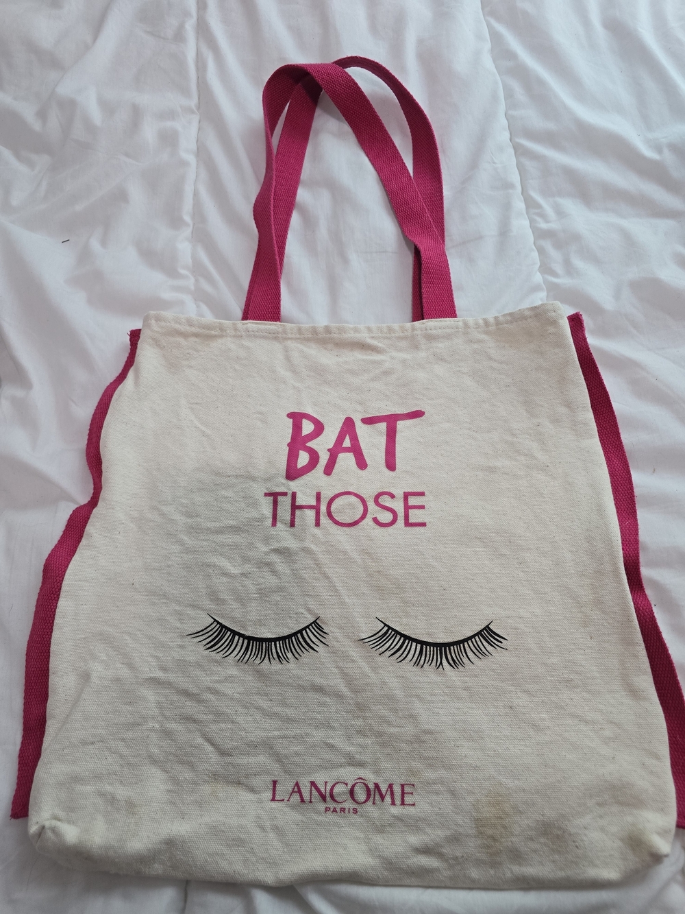 Lancome Cream Canvas Tote with Pink Trim and Straps